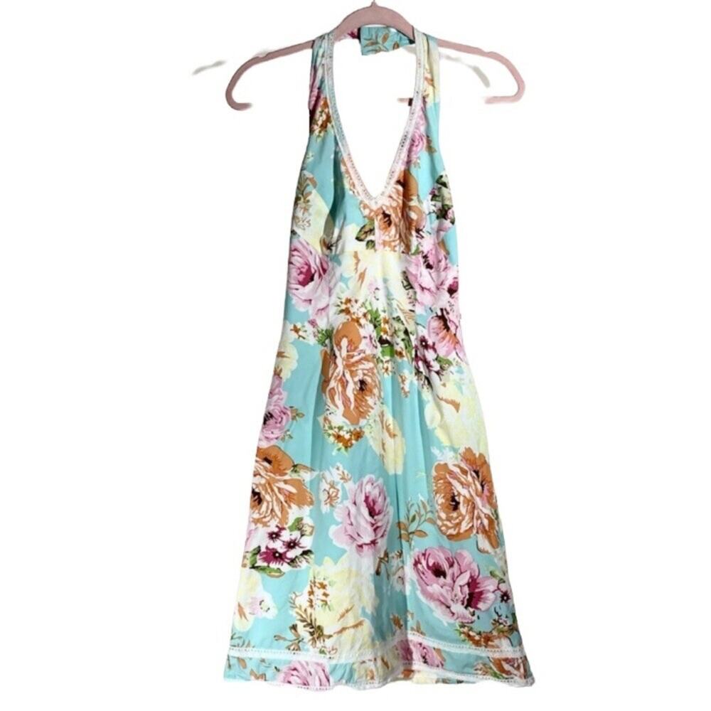 Jade by Melody Tam Floral Halter Fit & Flare Dress open back Cottagecore Y2K